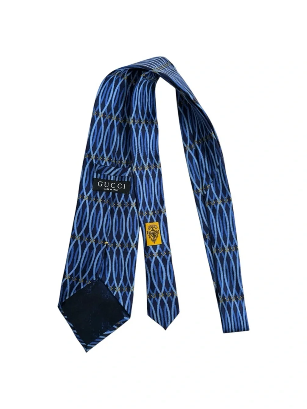 Gucci Navy Light Blue Gold G Logo Link Interlocking Print Silk Necktie Tie - Picture 3 of 12